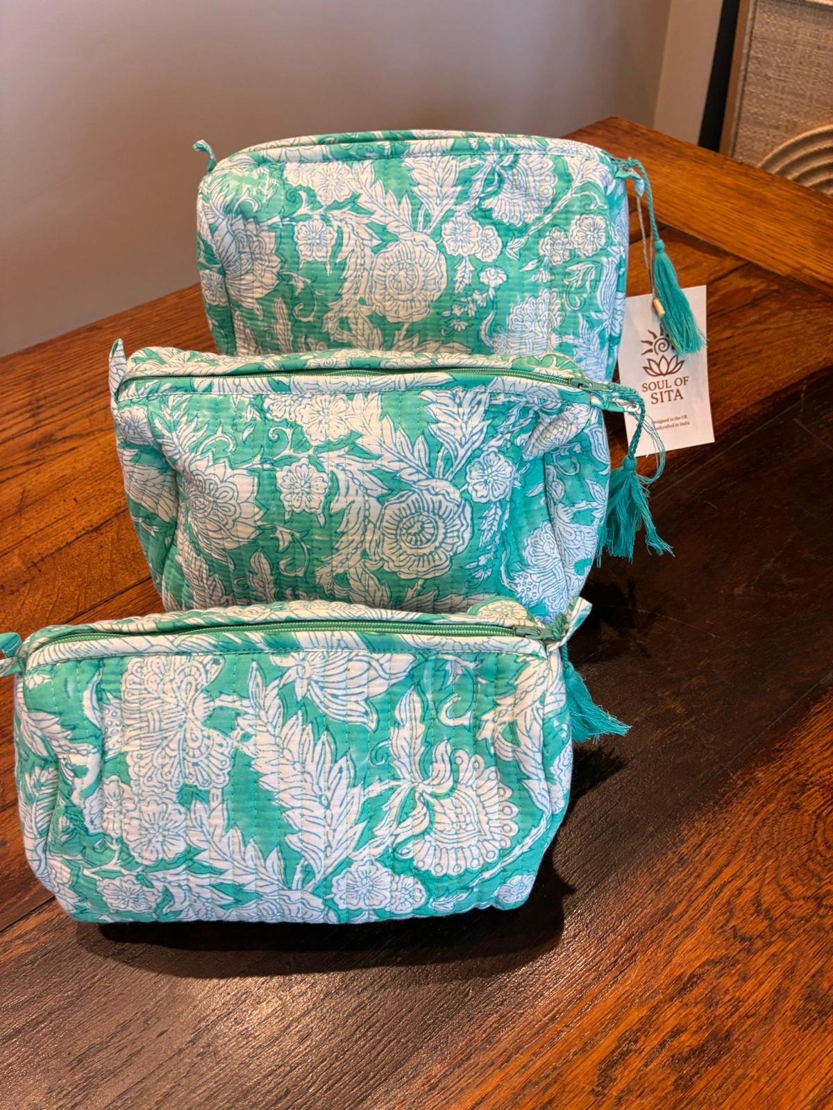 Soul Of Sita Woodblock Printed Mint Green Floral Quilted Makeup Bag - Image 3