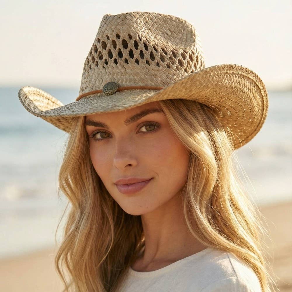 Straw Basket Rope Strap Western Cowboy Hat: NATURAL - Image 2