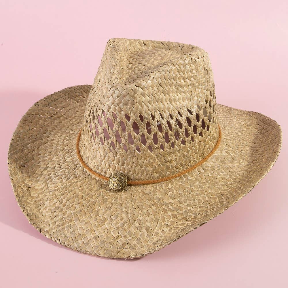 Straw Basket Rope Strap Western Cowboy Hat: NATURAL - Image 2