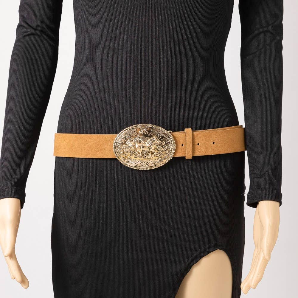 Suede Large Western Horse Medallion Buckle Belt: BROWN - Image 3