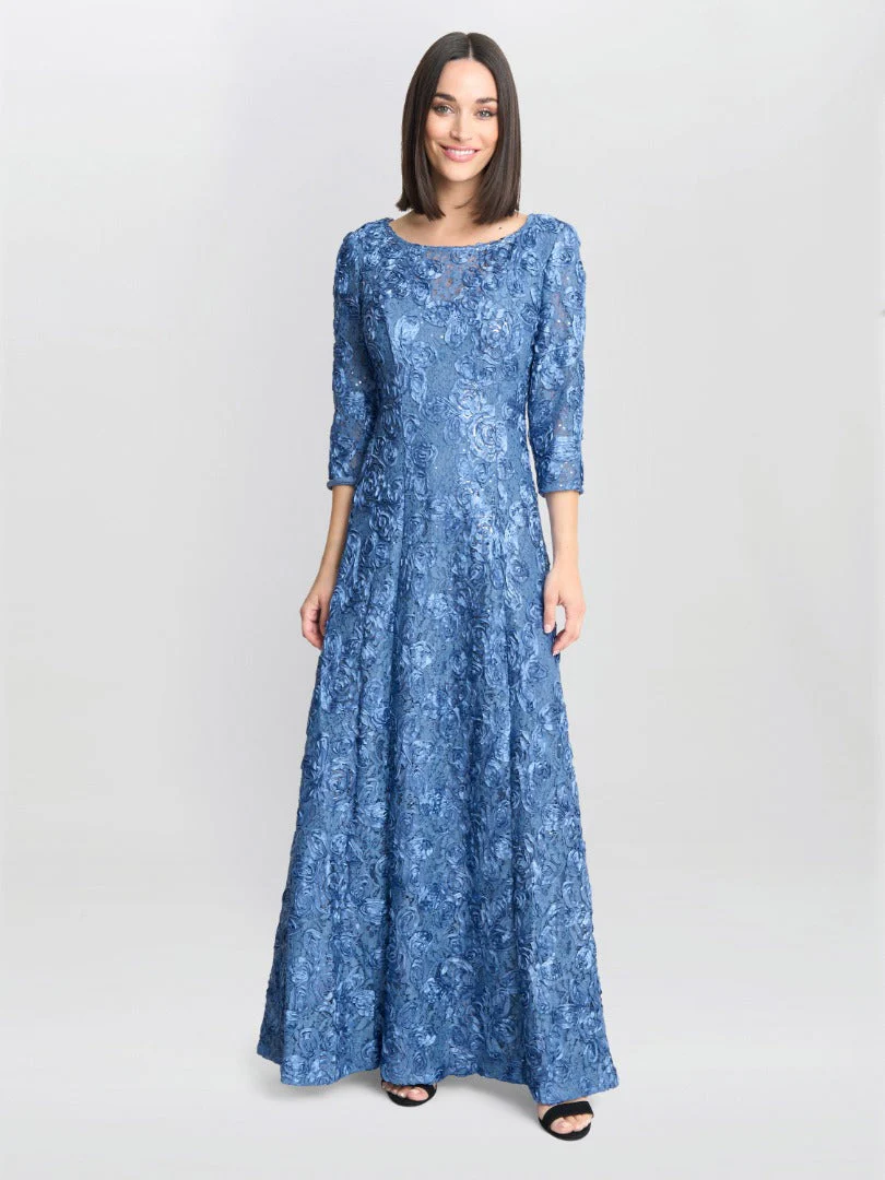 Gina Bacconi Susanna Rosette Maxi Dress With 3/4 Illusion Sleeves