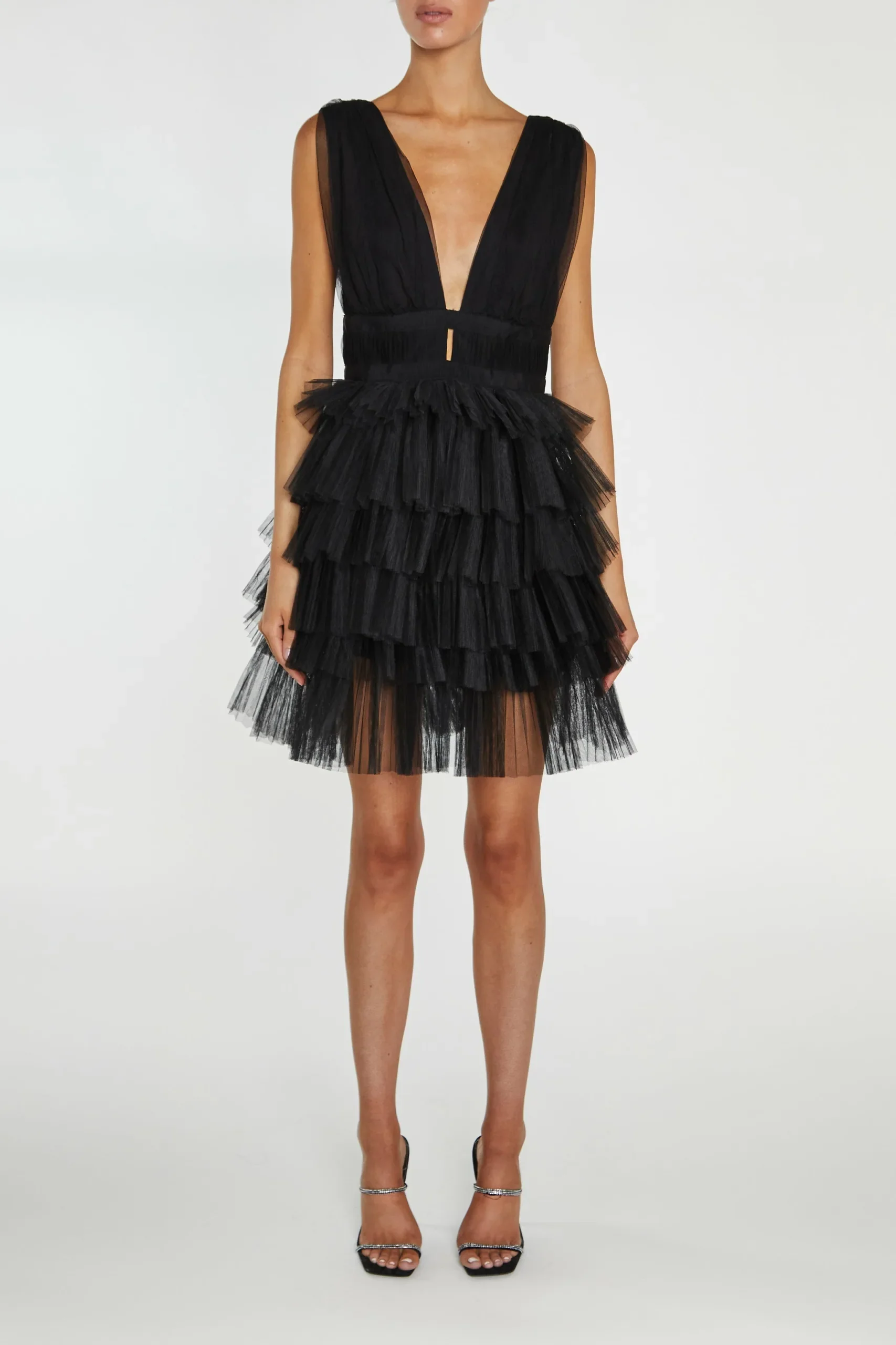 True Decadence Elle Black Plunge-Front Tiered Tulle Mini-Dress