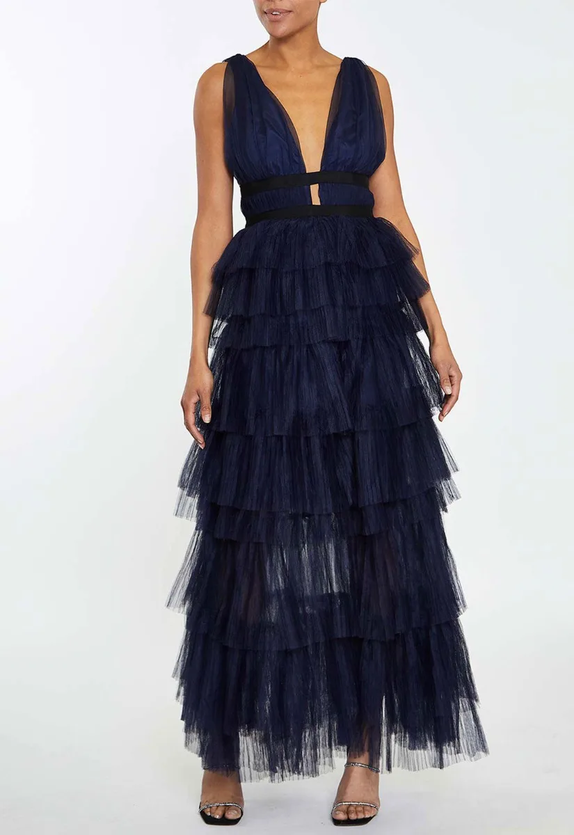 True Decadence Navy Layered Tulle Maxi Dress - Image 6