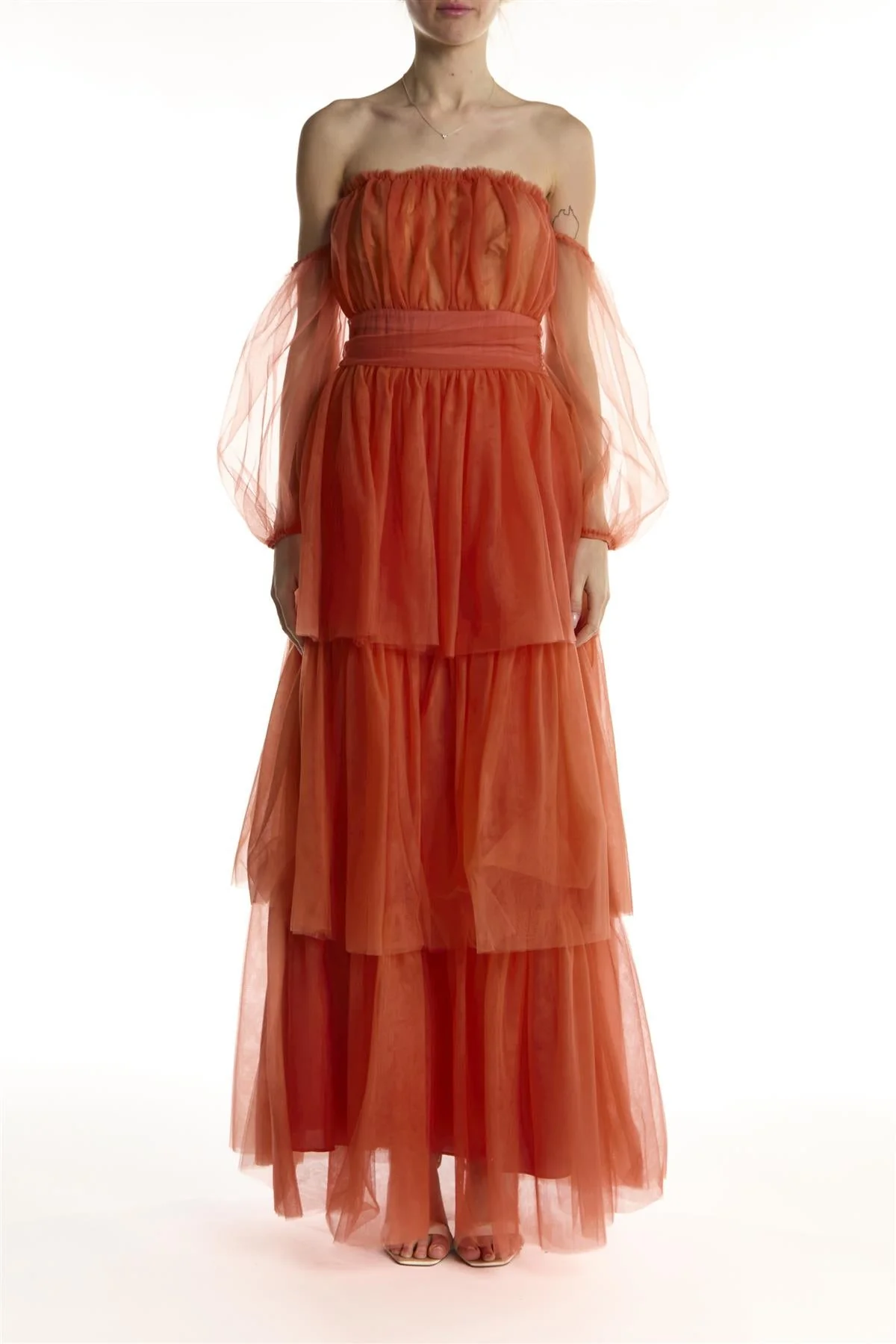 True Decadence Soft-Rust Bardot Tiered Maxi Dress - Image 3
