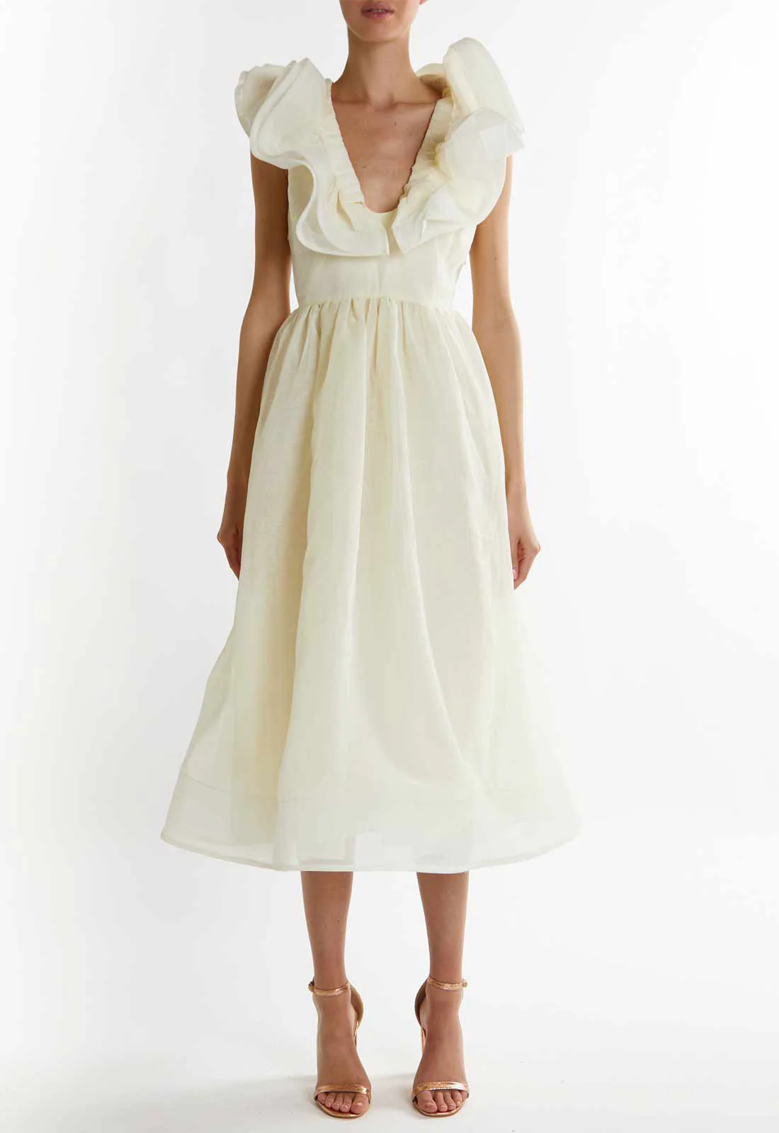 True Decadence Soft-Yellow Peyton Ruffle Midi Dress