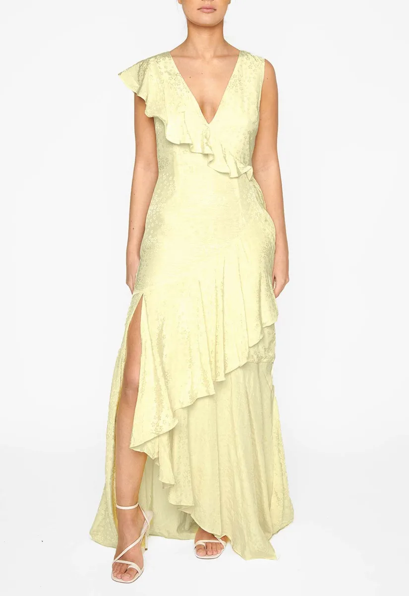 True Decadence Yellow Satin Layered Maxi Dress - Image 9