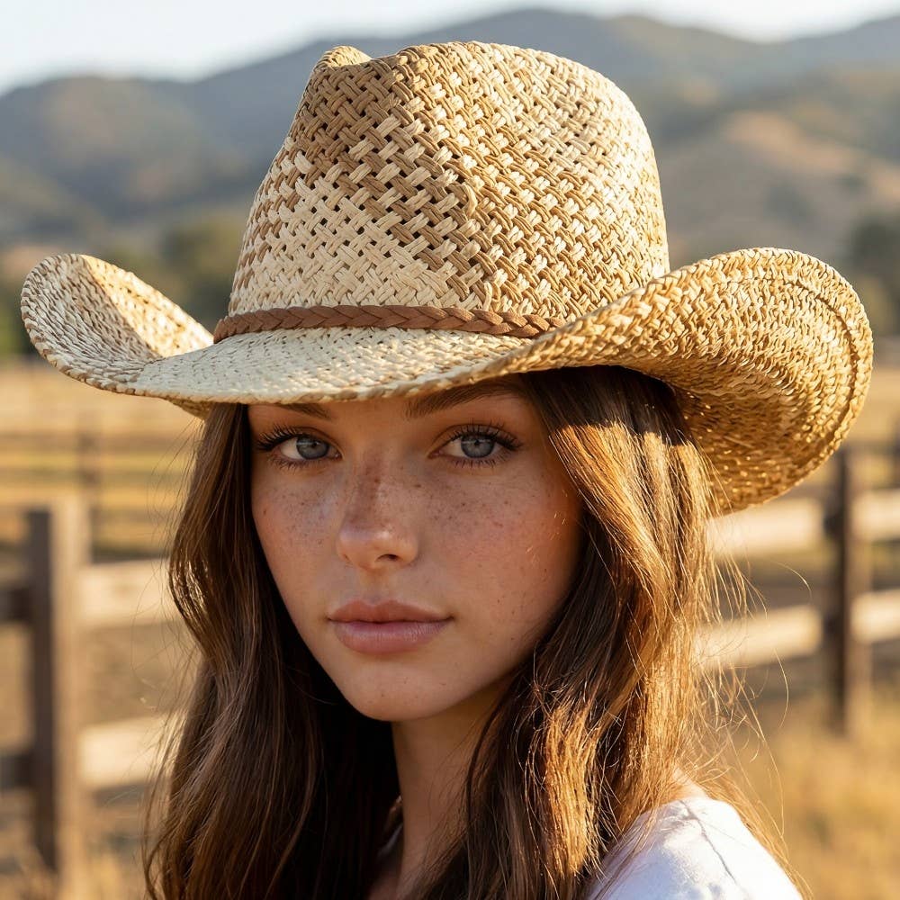 Two Tone Straw Braided Patches Cowboy Hat: KA - Image 2