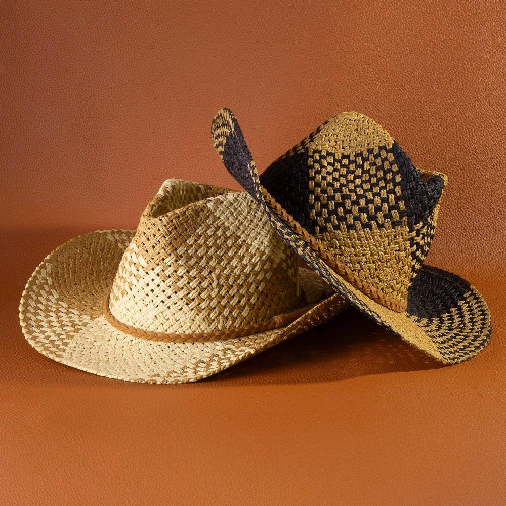 Two Tone Straw Braided Patches Cowboy Hat: KA - Image 3