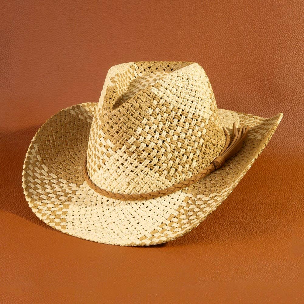 Two Tone Straw Braided Patches Cowboy Hat: KA - Image 4