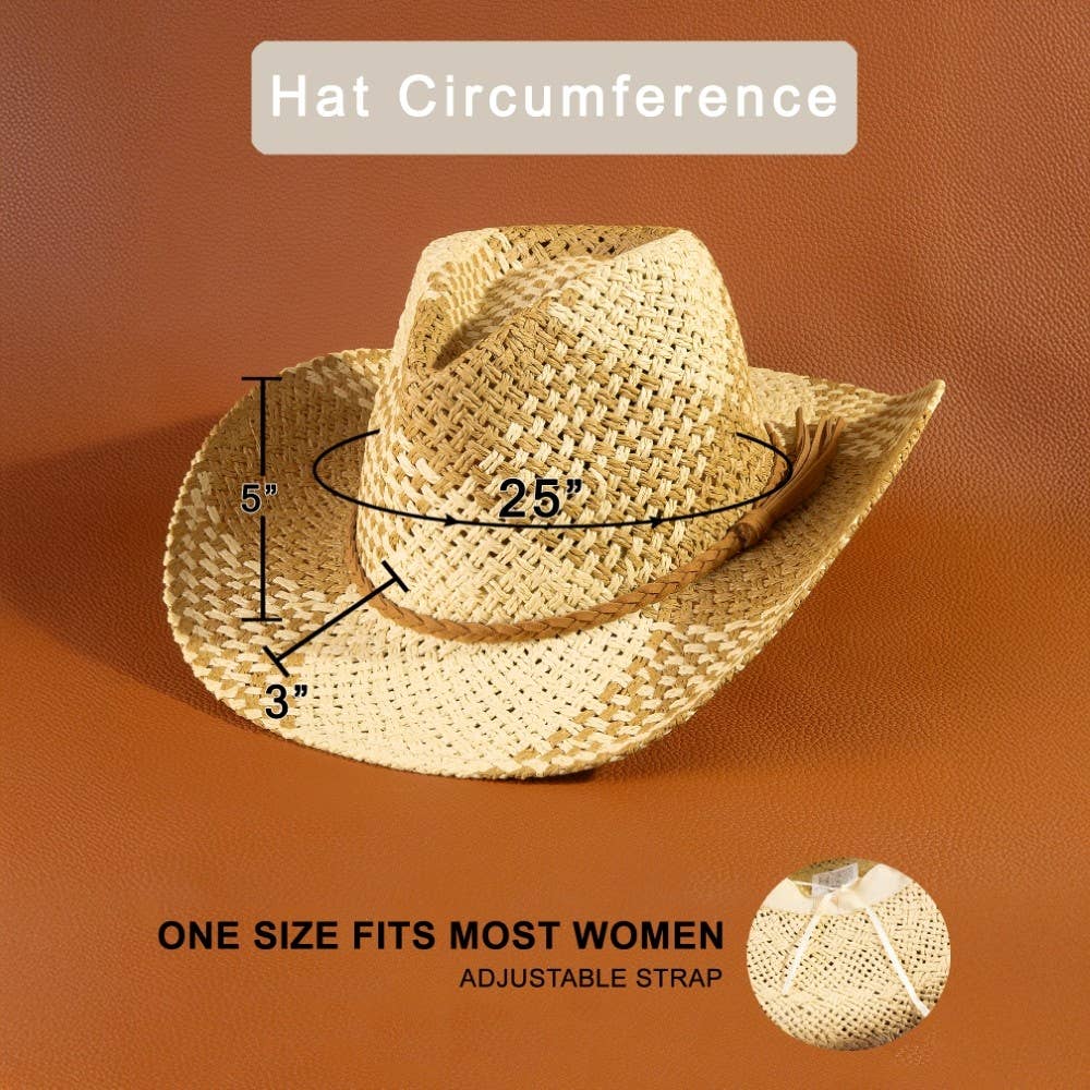 Two Tone Straw Braided Patches Cowboy Hat: KA - Image 9