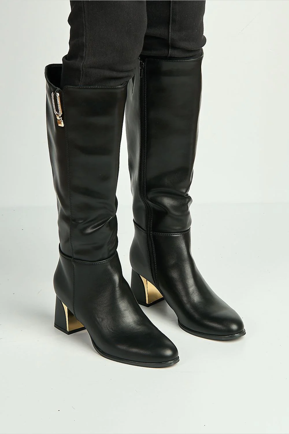 Vera Diamante Detail Gold Trim Knee High Boots in Black - Image 2
