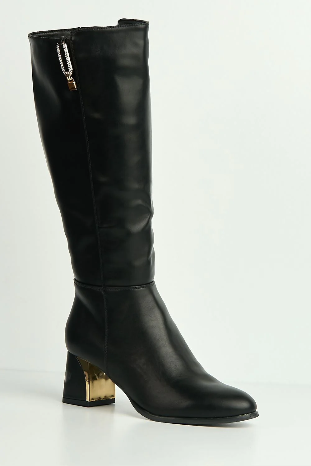 Vera Diamante Detail Gold Trim Knee High Boots in Black - Image 4