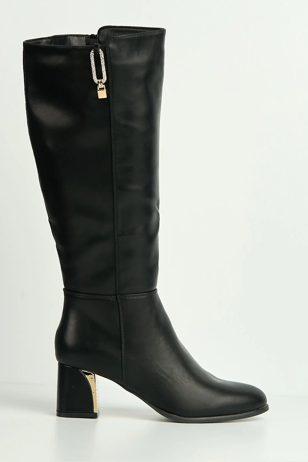 Vera Diamante Detail Gold Trim Knee High Boots in Black - Image 5