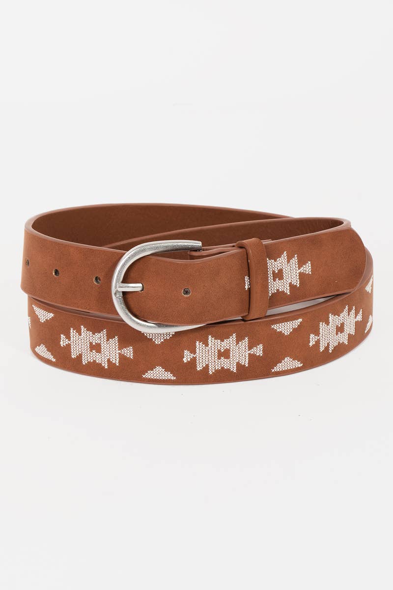 Western Boho Embroidered Pattern Vegan Leather Belt: IV - Image 6